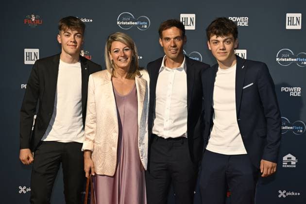 Belgian national cycling coach Sven Vanthourenhout (CR) and family pictured on the red carpet at the arrival for the Kristallen Fiets (Crystal Bike - Velo de Cristal) award ceremony for the best cyclists of the 2024 cycling season, organized by Flemish newspaper Het Laatste Nieuws, Tuesday 15 October 2024, in Kruisem. DIRKxWAEM  x102639819x