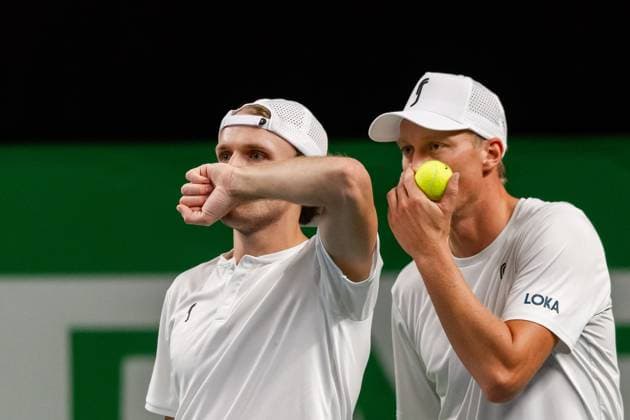 241015 Filip Bergevi and Erik Grevelius of Sweden compete in a men s doubles tennis match during day 4 of the ATP 250 Nordic Open on October 15, 2024 in Stockholm Photo Sara Damne BILDBYRAN kod SD EW0443 tennis atp 250 nordic open day 4 bbeng  Copyright: SARAxDAMNE BB241015SD005