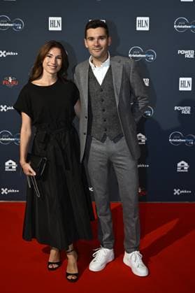 Belgian Gianni Vermeersch and his wife Shauny Vandekerckhove pictured on the red carpet at the arrival for the Kristallen Fiets (Crystal Bike - Velo de Cristal) award ceremony for the best cyclists of the 2024 cycling season, organized by Flemish newspaper Het Laatste Nieuws, Tuesday 15 October 2024, in Kruisem. DIRKxWAEM  x102640445x