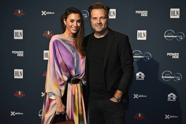 Niels Albert and his wife Valeska Van Den Broecke pictured on the red carpet at the arrival for the Kristallen Fiets (Crystal Bike - Velo de Cristal) award ceremony for the best cyclists of the 2024 cycling season, organized by Flemish newspaper Het Laatste Nieuws, Tuesday 15 October 2024, in Kruisem. DIRKxWAEM  x102640547x