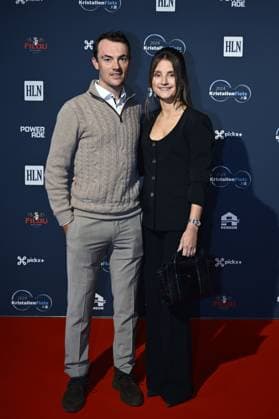 Belgian Yves Lampaert and his wife Astrid Demeulemeester pictured on the red carpet at the arrival for the Kristallen Fiets (Crystal Bike - Velo de Cristal) award ceremony for the best cyclists of the 2024 cycling season, organized by Flemish newspaper Het Laatste Nieuws, Tuesday 15 October 2024, in Kruisem. DIRKxWAEM  x102640662x