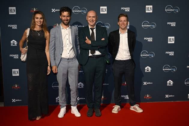 Ine Bruggeman, Laurens De Vreese, Michel Wuyts and Jan Bakelants pictured on the red carpet at the arrival for the Kristallen Fiets (Crystal Bike - Velo de Cristal) award ceremony for the best cyclists of the 2024 cycling season, organized by Flemish newspaper Het Laatste Nieuws, Tuesday 15 October 2024, in Kruisem. DIRKxWAEM  x102641124x