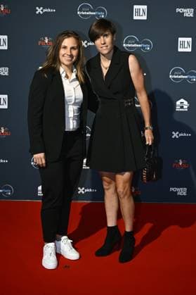 Valerie Jenaer and Sanne Cant pictured on the red carpet at the arrival for the Kristallen Fiets (Crystal Bike - Velo de Cristal) award ceremony for the best cyclists of the 2024 cycling season, organized by Flemish newspaper Het Laatste Nieuws, Tuesday 15 October 2024, in Kruisem. DIRKxWAEM  x102641959x