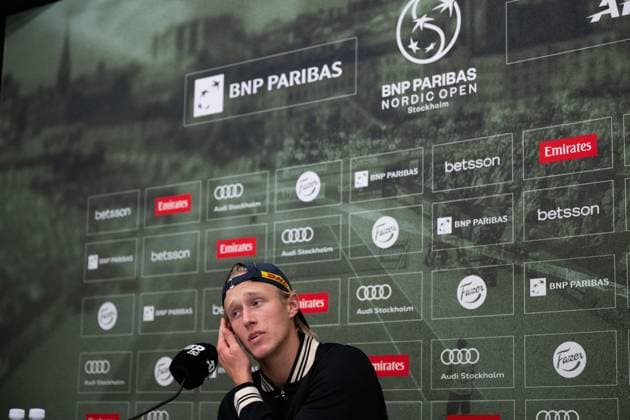 241015 Leo Borg of Sweden during a press conference after a men s singles tennis match during day 4 of the ATP 250 Nordic Open on October 15, 2024 in Stockholm Photo Emma Wallskog BILDBYRAN COP 320 EW0443 tennis atp 250 nordic open day 4 bbeng depp  Copyright: EMMAxWALLSKOG BB241015EW061