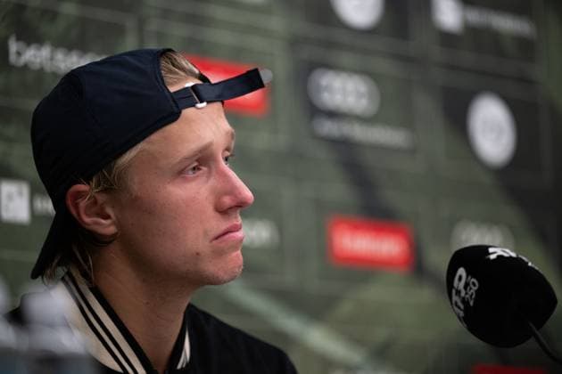 241015 Leo Borg of Sweden during a press conference after a men s singles tennis match during day 4 of the ATP 250 Nordic Open on October 15, 2024 in Stockholm Photo Emma Wallskog BILDBYRAN COP 320 EW0443 tennis atp 250 nordic open day 4 bbeng depp  Copyright: EMMAxWALLSKOG BB241015EW063