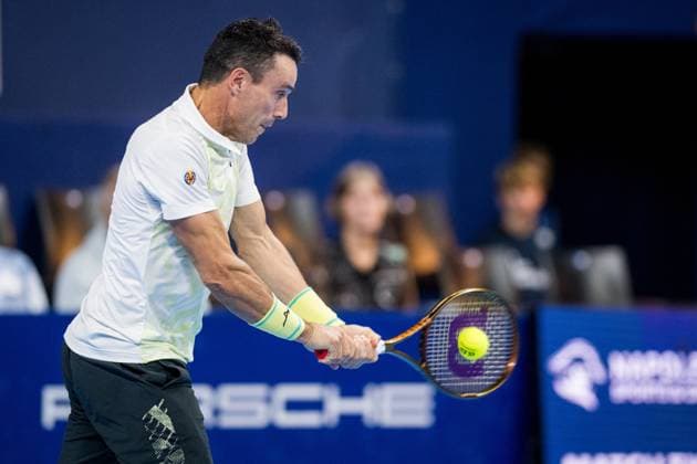 Spanish Roberto Bautista-Agut pictured in action during a tennis match in the round of 32 of the singles competition at the ATP, Tennis Herren European Open Tennis tournament in Antwerp, Wednesday 16 October 2024. JASPERxJACOBS  x102687325x
