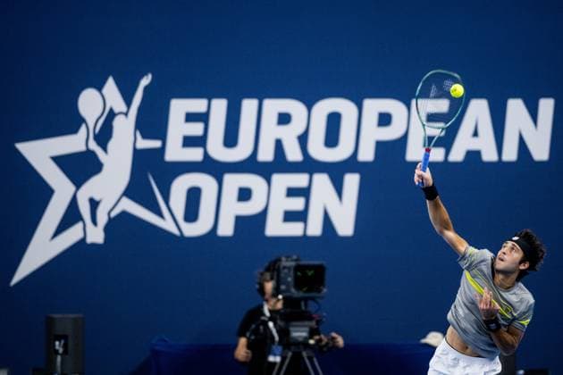 Tomas Martin Etcheverry pictured in action during a tennis match in the round of 32 of the singles competition at the ATP, Tennis Herren European Open Tennis tournament in Antwerp, Wednesday 16 October 2024. JASPERxJACOBS  x102687389x