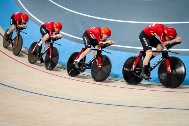 Frederik Rodenberg, Carl Frederik Bo vort, Niklas Larsen and Rasmus Lund from Denmark during the men s qualification in the 4000 meter team pursuit at the World Championship in Track Cycling in Ballerup Super Arena in Denmark, Wednesday, October 16, 2024 Photo Mads Claus Rasmussen Ritzau Scanpix , Denmark  Copyright: RitzauxScanpix MadsxClausxRasmussenx spdk20241016-140445-L