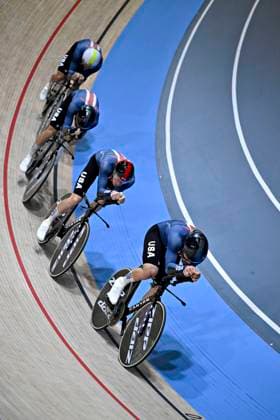 DK: 20241016 Ballerup, Danmark. UCI VM i Banecykling, dag 1. Kvalifikation, m¾nd Team Pursuit, USA UK: 20241016 Ballerup, Denmark. UCI 2024 Track World Championships, day 1. Qualification, men team pursuit, USA 