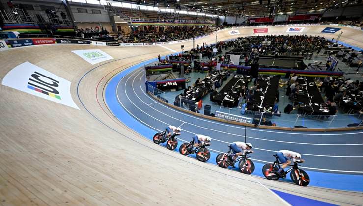 DK: 20241016 Ballerup, Danmark. UCI VM i Banecykling, dag 1. Kvalifikation, m¾nd Team Pursuit, Storbritanien UK: 20241016 Ballerup, Denmark. UCI 2024 Track World Championships, day 1. Qualification, men team pursuit, Great Britain 