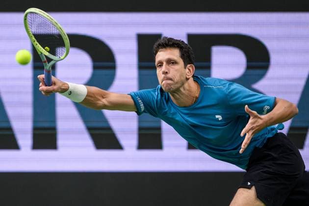 241016 Marcelo Melo of Brazil competes in a men s doubles tennis match during day 5 of the ATP 250 Nordic Open on October 16, 2024 in Stockholm Photo Jesper Zerman BILDBYRAN kod JZ SD0014 tennis atp 250 nordic open day 5 bbeng  Copyright: JESPERxZERMAN BB241016JZ040
