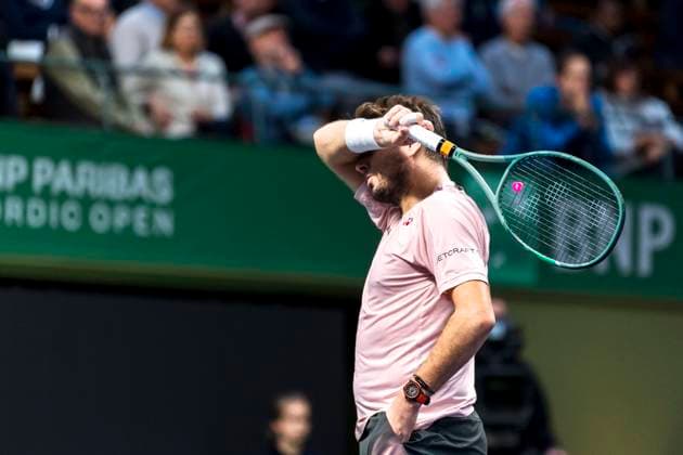241016 Stan Wawrinka of Switzerland looks dejected while competing in a men s singles tennis match during day 5 of the ATP 250 Nordic Open on October 16, 2024 in Stockholm Photo Sara Damne BILDBYRAN kod SD SD0014 tennis atp 250 nordic open day 5 bbeng depp  Copyright: SARAxDAMNE BB241016SD010