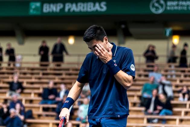 241016 Brandon Nakashima of USA looks dejected while competing in a men s singles tennis match during day 5 of the ATP 250 Nordic Open on October 16, 2024 in Stockholm Photo Sara Damne BILDBYRAN kod SD SD0014 tennis atp 250 nordic open day 5 bbeng depp  Copyright: SARAxDAMNE BB241016SD016
