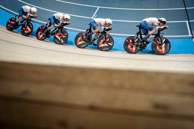 Charlie Tanfield, Oliver Wood, Ethan Edward Hayter and Josh Charlton from Great Britain during the men s qualification in the 4000 meter team pursuit at the World Championships in track cycling at Ballerup Super Arena in Denmark on Wednesday, October 16, 2024 , Ballerup Denmark  Copyright: RitzauxScanpix MadsxClausxRasmussenx spdk20241016-162648-L