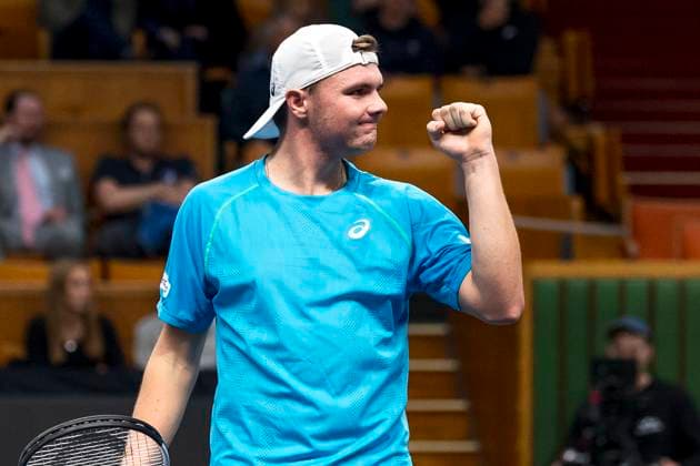 241016 Dominic Stricker of Switzerland celebrates while competing in a men s singles tennis match during day 5 of the ATP 250 Nordic Open on October 16, 2024 in Stockholm Photo Sara Damne BILDBYRAN kod SD SD0014 tennis atp 250 nordic open day 5 bbeng jubel  Copyright: SARAxDAMNE BB241016SD019