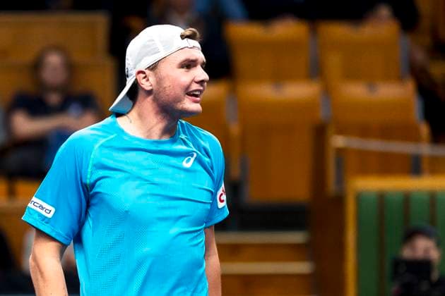 241016 Dominic Stricker of Switzerland reacts in a men s singles tennis match during day 5 of the ATP 250 Nordic Open on October 16, 2024 in Stockholm Photo Sara Damne BILDBYRAN kod SD SD0014 tennis atp 250 nordic open day 5 bbeng jubel  Copyright: SARAxDAMNE BB241016SD024