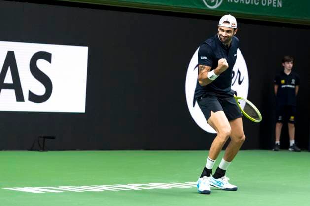 241016 Matteo Berrettini of Italy celebrates while competing in a men s singles tennis match during day 5 of the ATP 250 Nordic Open on October 16, 2024 in Stockholm Photo Sara Damne BILDBYRAN kod SD SD0014 tennis atp 250 nordic open day 5 bbeng jubel  Copyright: SARAxDAMNE BB241016SD025