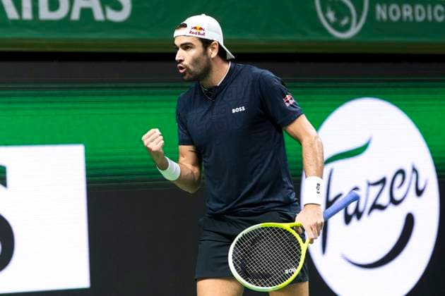 241016 Matteo Berrettini of Italy celebrates while competing in a men s singles tennis match during day 5 of the ATP 250 Nordic Open on October 16, 2024 in Stockholm Photo Sara Damne BILDBYRAN kod SD SD0014 tennis atp 250 nordic open day 5 bbeng jubel  Copyright: SARAxDAMNE BB241016SD026