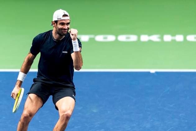 241016 Matteo Berrettini of Italy celebrates while competing in a men s singles tennis match during day 5 of the ATP 250 Nordic Open on October 16, 2024 in Stockholm Photo Sara Damne BILDBYRAN kod SD SD0014 tennis atp 250 nordic open day 5 bbeng jubel  Copyright: SARAxDAMNE BB241016SD029