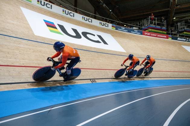 2024-10-16 2024 Tissot UCI Track World Championships - Day 1 BALLERUP, DENMARK - OCTOBER 16: Roy van den Berg of Netherlands, Harrie Lavreysen of Netherlands, Jeffrey Hoogland of Netherlands during Day 1 of the 2024 Tissot UCI Track World Championships at Ballerup Super Arena on October 16, 2024 in Ballerup, Denmark. (Photo by Arne Mill BSR Agency) Ballerup Denmark Content not available for redistribution in The Netherlands directly or indirectly through any third parties. Copyright: xBSRxAgencyx