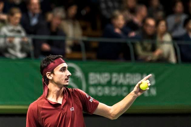 241016 Lorenzo Sonego of Italy competes in a men s singles tennis match during day 5 of the ATP 250 Nordic Open on October 16, 2024 in Stockholm Photo Sara Damne BILDBYRAN kod SD SD0014 tennis atp 250 nordic open day 5 bbeng  Copyright: SARAxDAMNE BB241016SD038