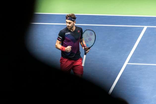 241016 Casper Ruud of Norway celebrates while competing in a men s singles tennis match during day 5 of the ATP 250 Nordic Open on October 16, 2024 in Stockholm Photo Sara Damne BILDBYRAN kod SD SD0014 tennis atp 250 nordic open day 5 bbeng jubel  Copyright: SARAxDAMNE BB241016SD041