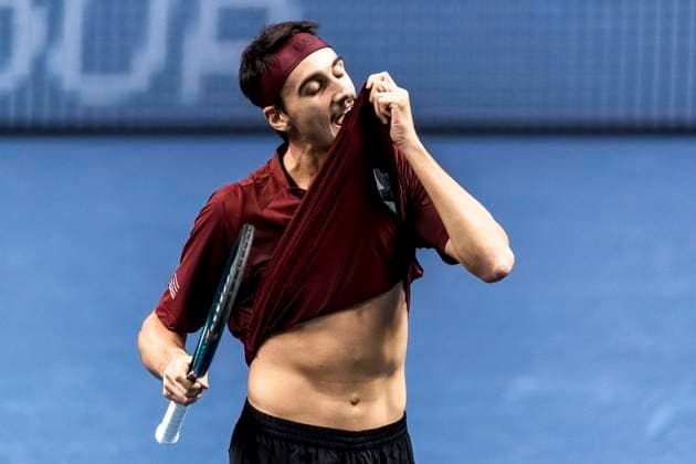 241016 Lorenzo Sonego of Italy looks dejected while competing in a men s singles tennis match during day 5 of the ATP 250 Nordic Open on October 16, 2024 in Stockholm Photo Sara Damne BILDBYRAN kod SD SD0014 tennis atp 250 nordic open day 5 bbeng depp  Copyright: SARAxDAMNE BB241016SD044