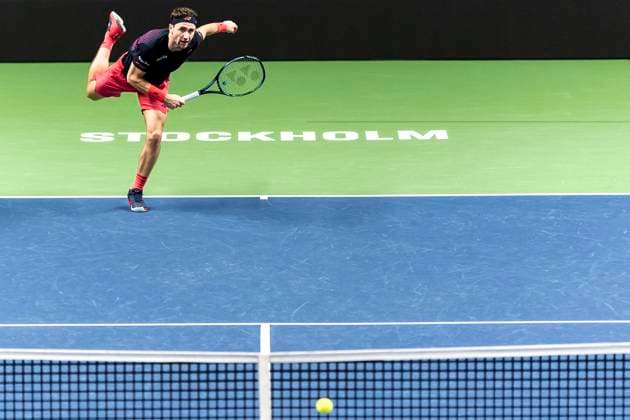 241016 Casper Ruud of Norway competes in a men s singles tennis match during day 5 of the ATP 250 Nordic Open on October 16, 2024 in Stockholm Photo Sara Damne BILDBYRAN kod SD SD0014 tennis atp 250 nordic open day 5 bbeng  Copyright: SARAxDAMNE BB241016SD051
