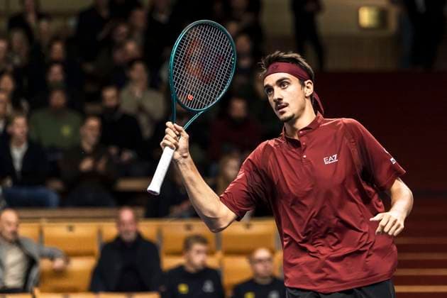 241016 Lorenzo Sonego of Italy competes in a men s singles tennis match during day 5 of the ATP 250 Nordic Open on October 16, 2024 in Stockholm Photo Sara Damne BILDBYRAN kod SD SD0014 tennis atp 250 nordic open day 5 bbeng  Copyright: SARAxDAMNE BB241016SD055