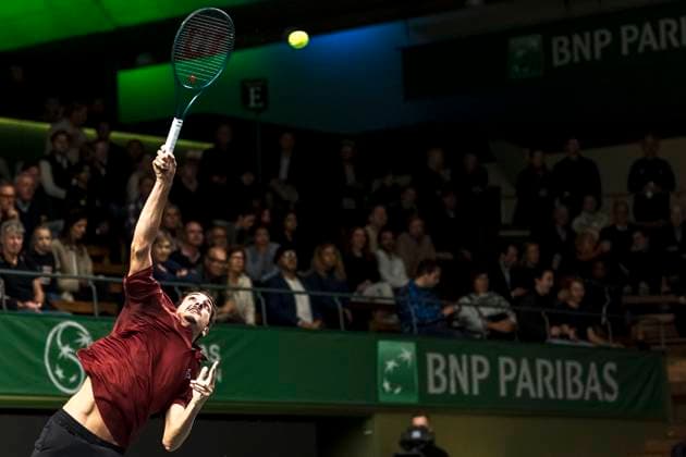 241016 Lorenzo Sonego of Italy competes in a men s singles tennis match during day 5 of the ATP 250 Nordic Open on October 16, 2024 in Stockholm Photo Sara Damne BILDBYRAN kod SD SD0014 tennis atp 250 nordic open day 5 bbeng  Copyright: SARAxDAMNE BB241016SD056