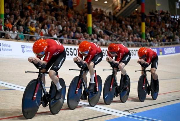 DK: 20241016 Ballerup, Danmark. UCI VM i Banecykling, dag 1. M¾nd team pursuit, 1 runde. Danmark UK: 20241016 Ballerup, Denmark. UCI 2024 Track World Championships, day 1. Men team pursuit, 1. Round. Denmark 