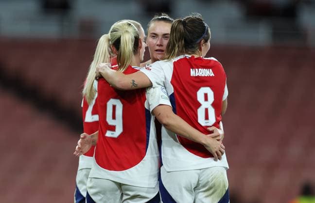 London, England, 16th October 2024. Caitlin Foord (C) of Arsenal celebrates after scoring to make it 2-0 during the UEFA Womens Champions League match at the Emirates Stadium, London. Picture credit should read: Paul Terry Sportimage EDITORIAL USE ONLY. No use with unauthorised audio, video, data, fixture lists, club league logos or live services. Online in-match use limited to 120 images, no video emulation. No use in betting, games or single club league player publications. SPI-3383-0007