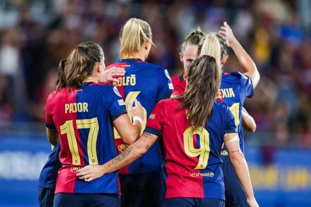 Sport Bilder des Tages Barcelona, Spain, Oct 15th 2024: Players of FC Barcelona, Barca celebrates after scoring during the UEFA Womens Champions League football match between FC Barcelona and Hammarby at the Johan Cruyff Stadium in Barcelona, Spain (Judit Cartiel SPP) Copyright: xJuditxCartiel SPPx spp-en-JuCa-JUCA2971