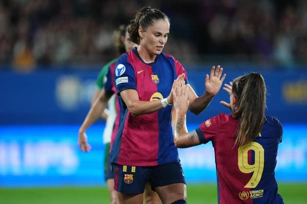 ESP: FC Barcelona, Barca v Hammarby. UEFA Women™s Champions League match. Claudia Pina of FC Barcelona celebrates after scoring goal with his teammate Ewa Pajor during the UEFA Women™s Champions League match, Group D, date 2, between FC Barcelona and Hammarby played at Johan Cruyff Stadium on October 16, 2024 in Barcelona Spain. kpng Copyright: xBaguxBlancox xPRESSINPHOTOx PS_241016_BAR_HAM_011