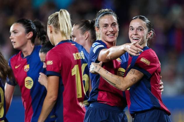Sport Bilder des Tages Barcelona, Spain, Oct 15th 2024: Alexia Putellas (11 FC Barcelona, Barca and Maria Leon Mapi (4 FC Barcelona) celebrating after scoring during the UEFA Womens Champions League football match between FC Barcelona and Hammarby at the Johan Cruyff Stadium in Barcelona, Spain (Judit Cartiel SPP)  Copyright: xJuditxCartiel SPPx spp-en-JuCa-JUCA3798