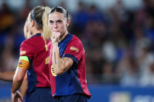 Barcelona, Spain, Oct 15th 2024: Maria Leon Mapi (4 FC Barcelona, Barca celebrates after scoring during the UEFA Womens Champions League football match between FC Barcelona and Hammarby at the Johan Cruyff Stadium in Barcelona, Spain (Judit Cartiel SPP) Copyright: xJuditxCartiel SPPx spp-en-JuCa-JUCA3824