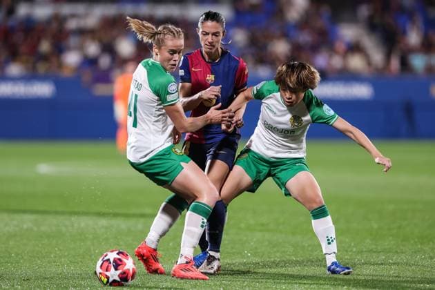 October 16, 2024, Sant Joan Despi, Barcelona, Spain: Aitana Bonmati of FC Barcelona, Barca Femenino, Julie Blakstad and Asato Miyagawa of Hammarby IF compete for the ball during the UEFA WomenÃ¢â‚¬â ¢s Champions League, football match played between FC Barcelona and Hammarby IF at Johan Cruyff Stadium on October 16, 2024 in Sant Joan Despi, Spain. Sant Joan Despi Spain - ZUMAa181 20241016_zaa_a181_026 Copyright: xJavierxBorregox