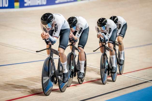 Benjamin Boss, Felix Gross, Ben Felix Jochum and Bruno Kessler from Germany during the men s first round in the 4000 meter team pursuit at the World Championships in track cycling in Ballerup Super Arena in Denmark on Wednesday, October 16, 2024 Photo Mads Claus Rasmussen Ritzau Scanpix , Ballerup Denmark  Copyright: RitzauxScanpix MadsxClausxRasmussenx spdk20241016-221333-L