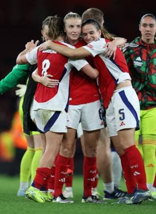 London, England, 16th October 2024. (L-R) Mariona Caldentey, Leah Williamson and Laia Codina of Arsenal celebrate after the UEFA Womens Champions League match at the Emirates Stadium, London. Picture credit should read: Paul Terry Sportimage EDITORIAL USE ONLY. No use with unauthorised audio, video, data, fixture lists, club league logos or live services. Online in-match use limited to 120 images, no video emulation. No use in betting, games or single club league player publications. SPI-3383-0025