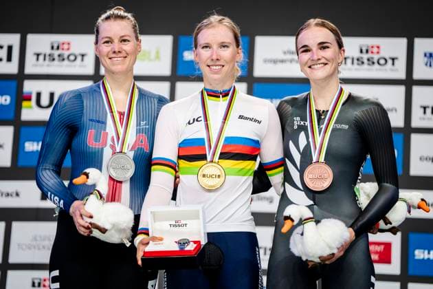 Lorena Wiebes middle from Holland wins gold, Jennifer Valente left from USA wins silver and Ally Wollaston right from New Zealand wins bronze in the women s scratch race at the World Championship in track cycling in Ballerup Super Arena in Denmark on Wednesday, October 16, 2024 Photo Mads Claus Rasmussen Ritzau Scanpix , Ballerup Denmark  Copyright: RitzauxScanpix MadsxClausxRasmussenx spdk20241016-215012-L
