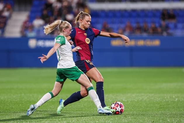 October 16, 2024, Sant Joan Despi, Barcelona, Spain: Fridolina Rolfo of FC Barcelona, Barca Femenino and Emilie Joramo of Hammarby IF compete for the ball during the UEFA WomenÃ¢â‚¬â ¢s Champions League, football match played between FC Barcelona and Hammarby IF at Johan Cruyff Stadium on October 16, 2024 in Sant Joan Despi, Spain. Sant Joan Despi Spain - ZUMAa181 20241016_zaa_a181_079 Copyright: xJavierxBorregox
