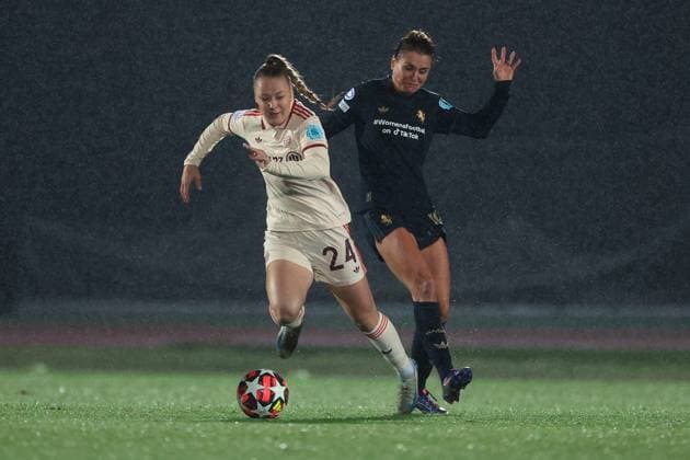 Biella, Italy, 16th October 2024. Weronika Zawistowska of Bayern Munchen is fouled by Cristiana Girelli of Juventus during the UEFA Womens Champions League match at Stadio Comunale Vittorio Pozzo Lamarmora, Biella. Picture credit should read: Jonathan Moscrop Sportimage EDITORIAL USE ONLY. No use with unauthorised audio, video, data, fixture lists, club league logos or live services. Online in-match use limited to 120 images, no video emulation. No use in betting, games or single club league player publications. SPI-3372-0006