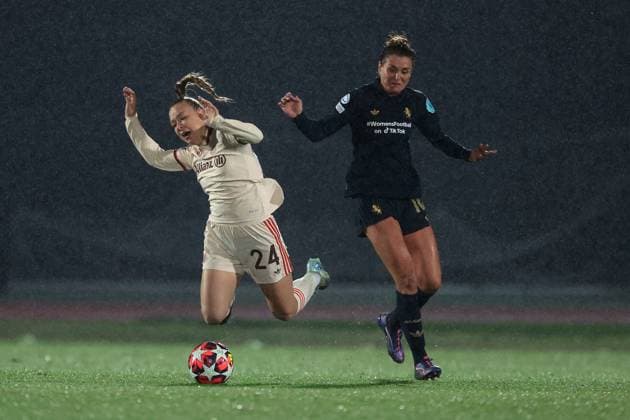 Biella, Italy, 16th October 2024. Weronika Zawistowska of Bayern Munchen is fouled by Cristiana Girelli of Juventus during the UEFA Womens Champions League match at Stadio Comunale Vittorio Pozzo Lamarmora, Biella. Picture credit should read: Jonathan Moscrop Sportimage EDITORIAL USE ONLY. No use with unauthorised audio, video, data, fixture lists, club league logos or live services. Online in-match use limited to 120 images, no video emulation. No use in betting, games or single club league player publications. SPI-3372-0007