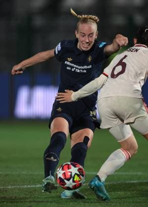 Biella, Italy, 16th October 2024. Amalie Jorgensen Vangsgaard of Juventus fires a shot narrowly wide of the mark during the UEFA Womens Champions League match at Stadio Comunale Vittorio Pozzo Lamarmora, Biella. Picture credit should read: Jonathan Moscrop Sportimage EDITORIAL USE ONLY. No use with unauthorised audio, video, data, fixture lists, club league logos or live services. Online in-match use limited to 120 images, no video emulation. No use in betting, games or single club league player publications. SPI-3372-0027