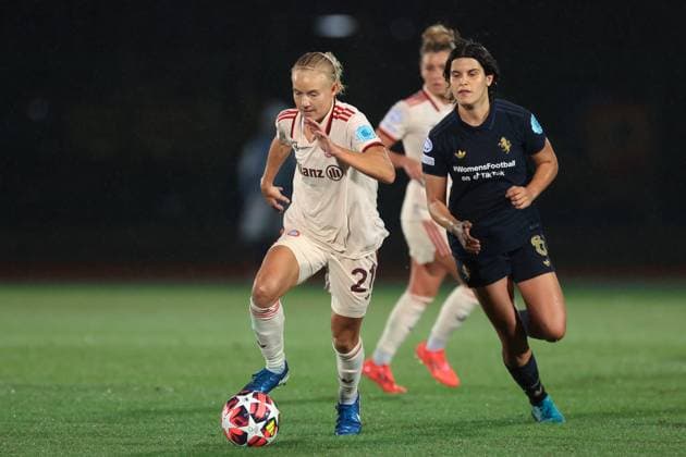 Biella, Italy, 16th October 2024. Pernille Harder of Bayern Munchen is pursued by Eva Schatzer of Juventus during the UEFA Womens Champions League match at Stadio Comunale Vittorio Pozzo Lamarmora, Biella. Picture credit should read: Jonathan Moscrop Sportimage EDITORIAL USE ONLY. No use with unauthorised audio, video, data, fixture lists, club league logos or live services. Online in-match use limited to 120 images, no video emulation. No use in betting, games or single club league player publications. SPI-3372-0030