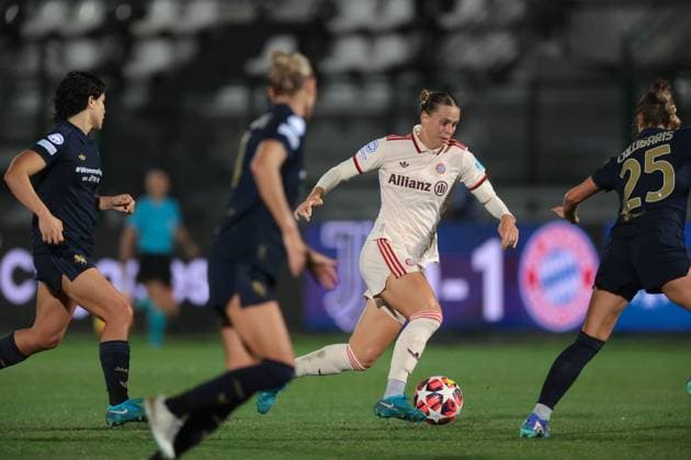 Biella, Italy, 16th October 2024. Klara Buhl of Bayern Munchen breaks with the ball during the UEFA Womens Champions League match at Stadio Comunale Vittorio Pozzo Lamarmora, Biella. Picture credit should read: Jonathan Moscrop Sportimage EDITORIAL USE ONLY. No use with unauthorised audio, video, data, fixture lists, club league logos or live services. Online in-match use limited to 120 images, no video emulation. No use in betting, games or single club league player publications. SPI-3372-0031