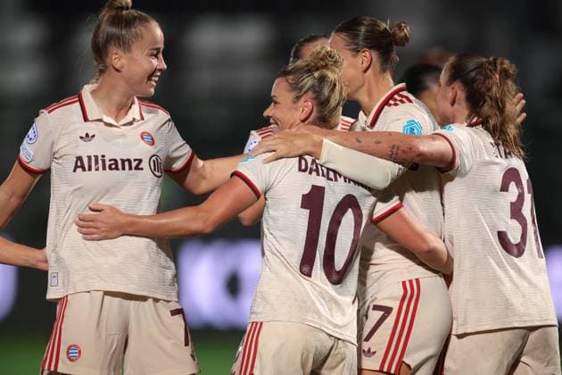 Biella, Italy, 16th October 2024. Linda Dallmann of Bayern Munchen celebrates with team mates after scoring to give the side a 1-0 lead during the UEFA Womens Champions League match at Stadio Comunale Vittorio Pozzo Lamarmora, Biella. Picture credit should read: Jonathan Moscrop Sportimage EDITORIAL USE ONLY. No use with unauthorised audio, video, data, fixture lists, club league logos or live services. Online in-match use limited to 120 images, no video emulation. No use in betting, games or single club league player publications. SPI-3372-0040