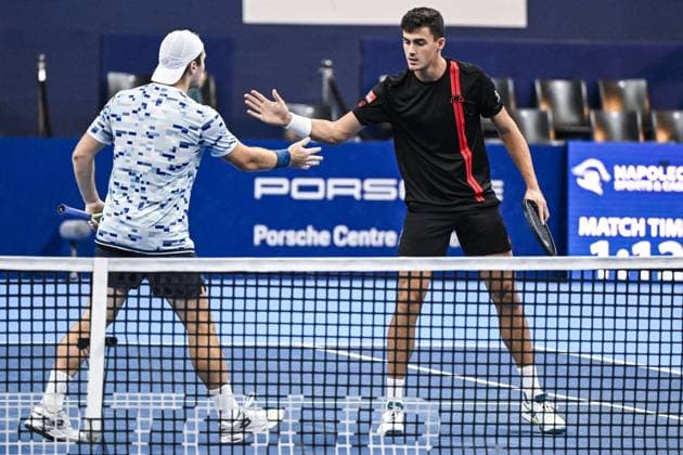 Austrian Lucas Miedler and Austrian Alexander Erler pictured during a tennis match in the quarter final of the doubles competition at the ATP, Tennis Herren European Open Tennis tournament in Antwerp, Thursday 17 October 2024. TOM GOYVAERTS TomxGoyvaerts  x102774101x