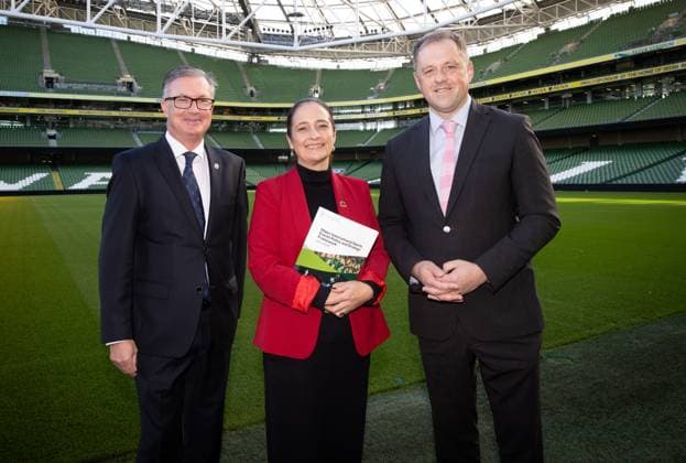 Launch Ireland™s First Ever Major International Sports Events Policy & Strategy Framework, Aviva Stadium, Dublin 17 10 2024 Golf Ireland Chief Executive Officer Mark Kennelly, Minister for Tourism, Culture, Arts, Gaeltacht, and Media, Catherine Martin TD and Minister of State for Sport, Physical Education and the Gaeltacht, Thomas Byrne TD Mark Kennelly, Catherine Martin TD and Thomas Byrne TD 17 10 2024  Copyright: x INPHO TomxMaherx BI7I0054