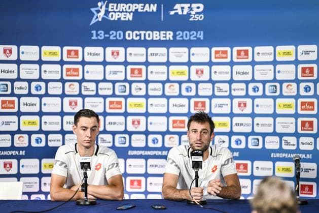 Belgian Joran Vliegen and Belgian Sander Gille pictured at a press conference, PK, Pressekonferenz after a tennis match in the quarter final of the doubles competition at the ATP, Tennis Herren European Open Tennis tournament in Antwerp, Thursday 17 October 2024. TOM GOYVAERTS TomxGoyvaerts  x102779881x